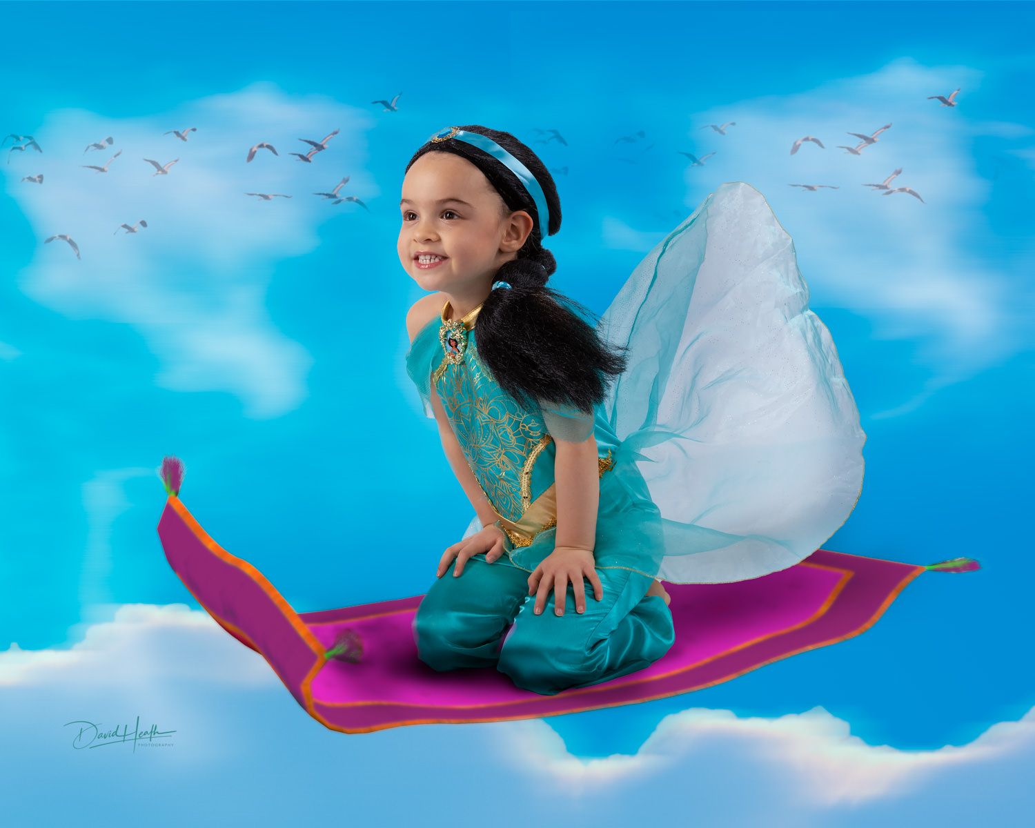 Little girl on a flying carpet comp